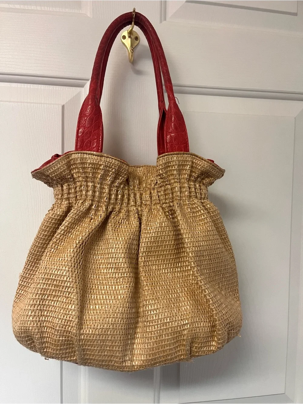 Y2K Bueno Red Floral Accent Straw Hobo Bag EUC